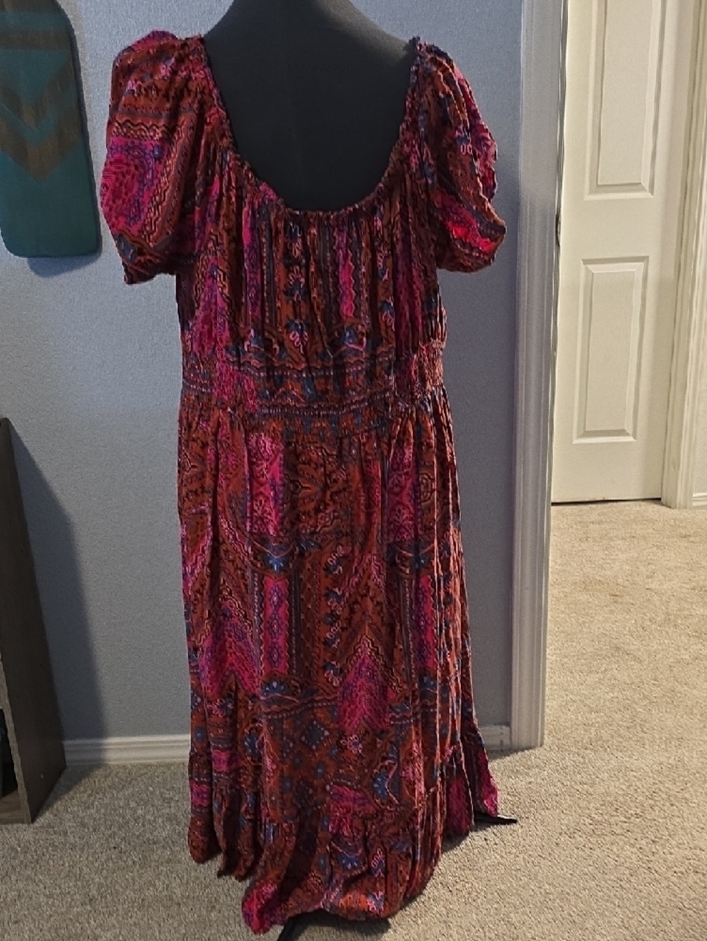 torrid Pink & Rust Western Printed Midi Peasant Dress With Off Shoulder Neckline - Picture 2 of 2